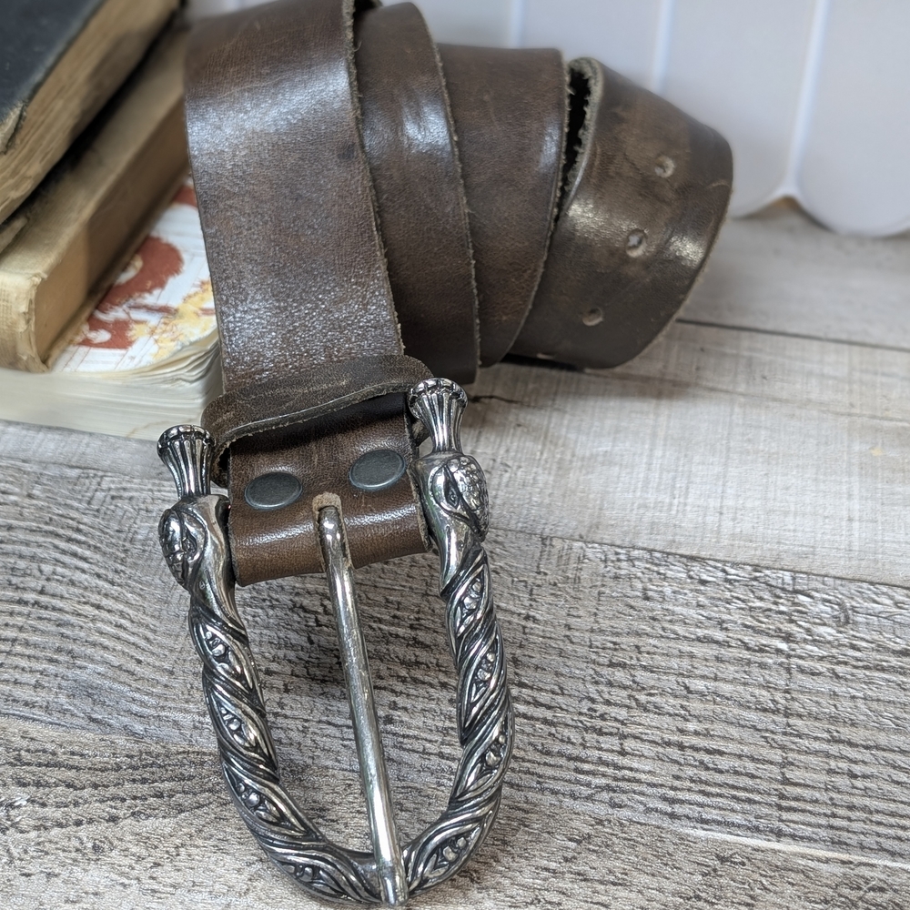 Brave Soul Brown Leather Men's Belt with Ornate Silver Buckle